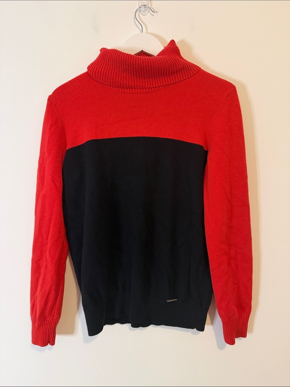 Michael Kors Red and Black Block Turtleneck Sweater